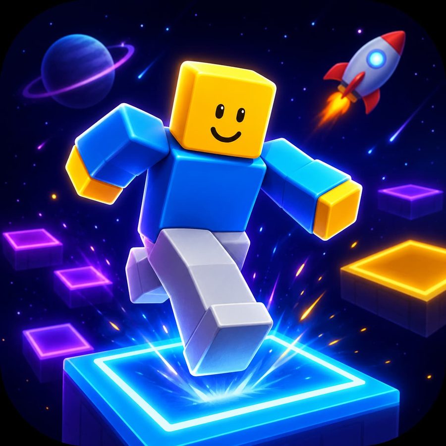 Space Obby Parkour key art: a blocky astronaut on glowing neon platforms.