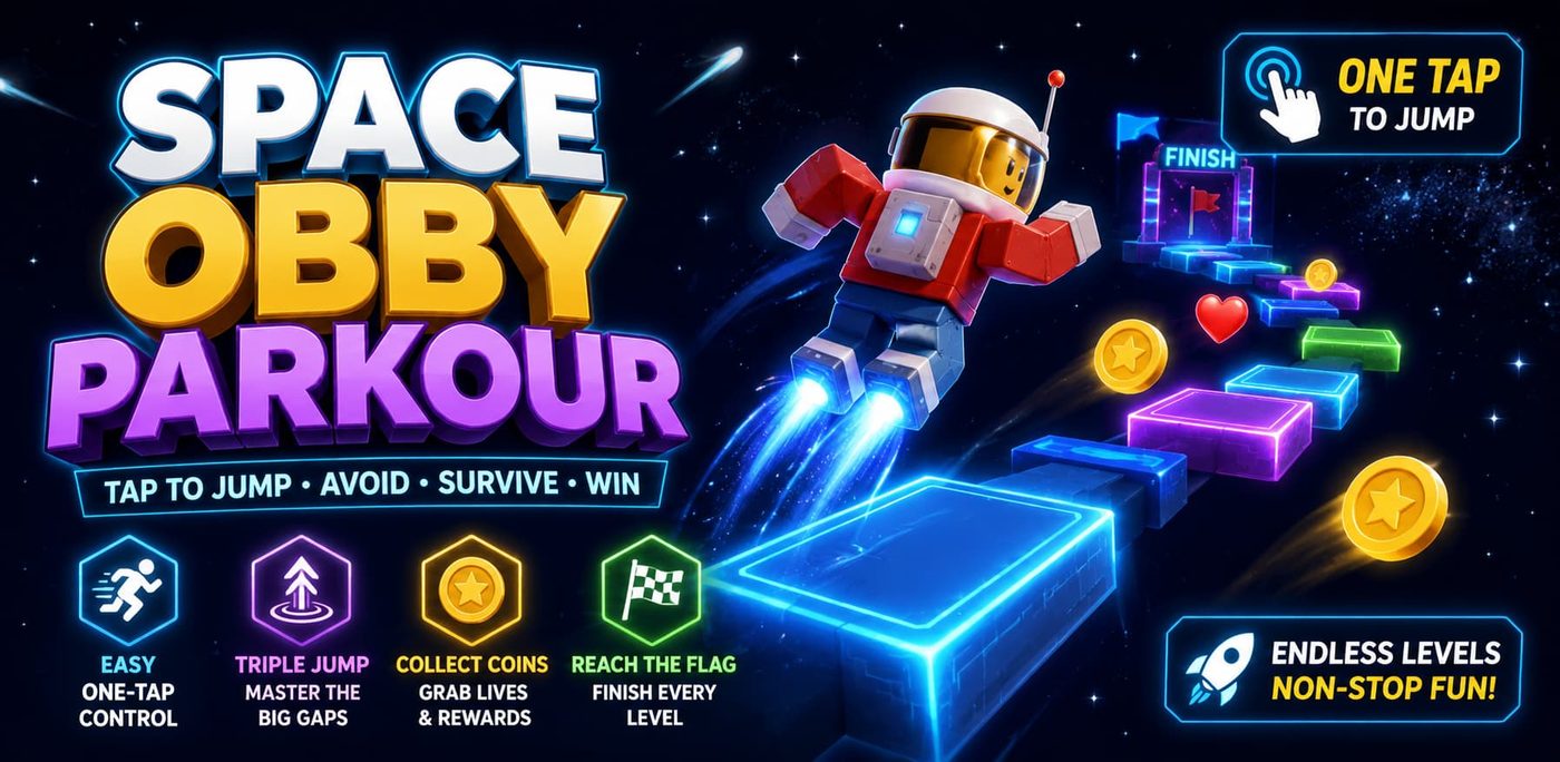 A blocky astronaut with thruster boots leaping between glowing neon platforms toward a finish flag.