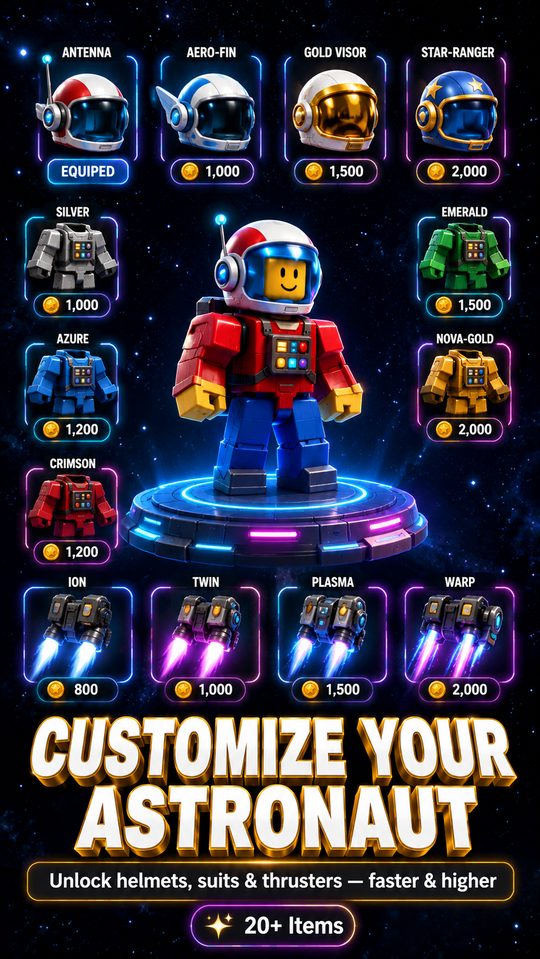 The customise screen: unlockable helmets, suits and thrusters.